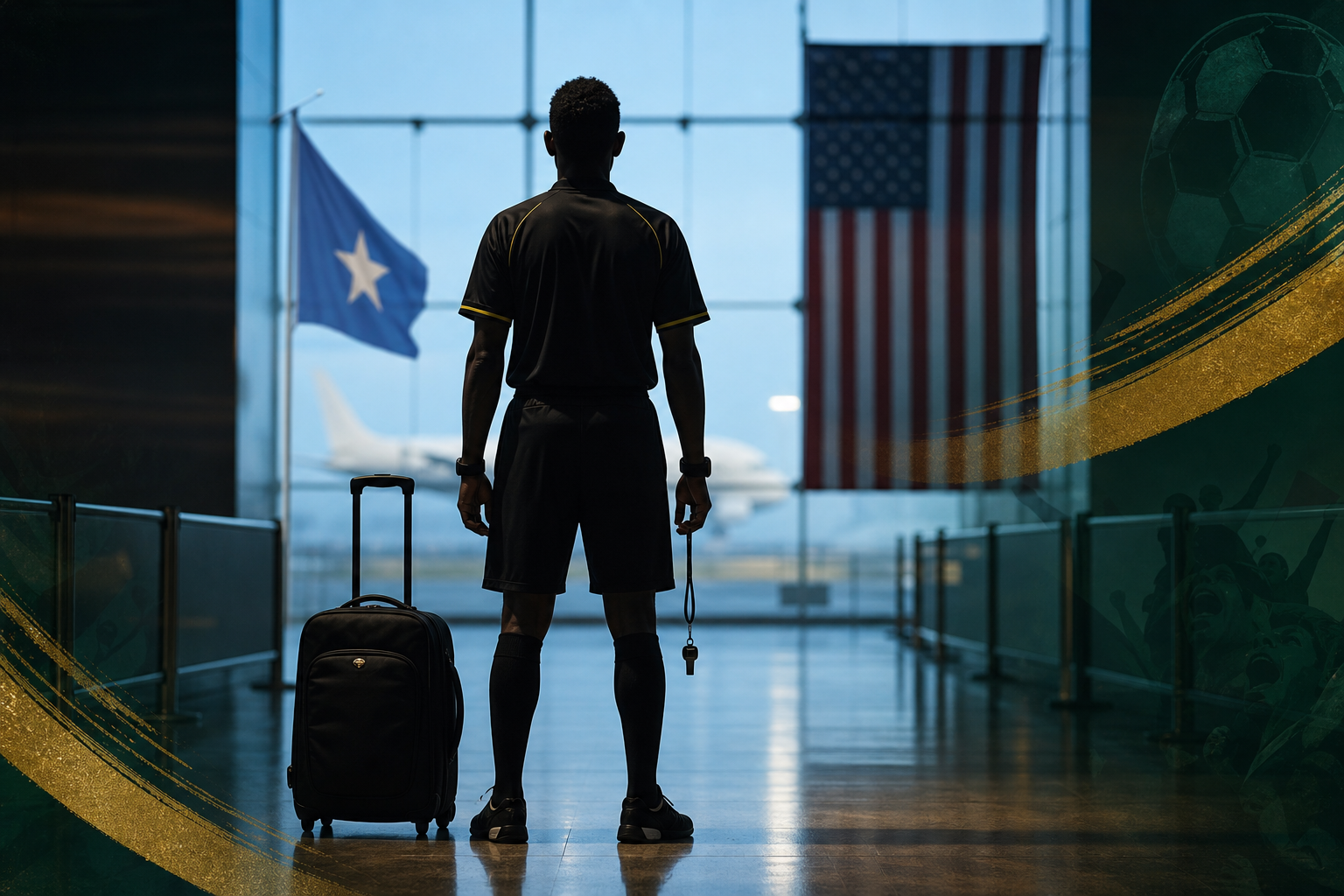 Editorial illustration — Omar Artan, Somalia referee denied entry at Miami before World Cup 2026