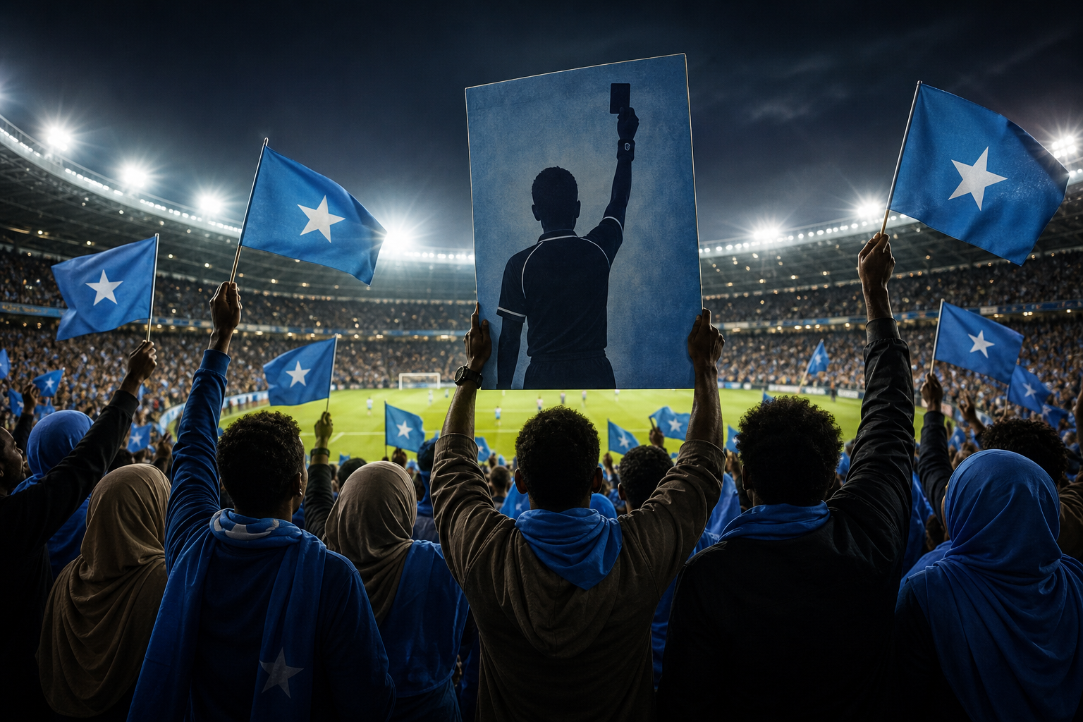 Illustration: fans rallying behind a referee who carried Somalia’s name to the world