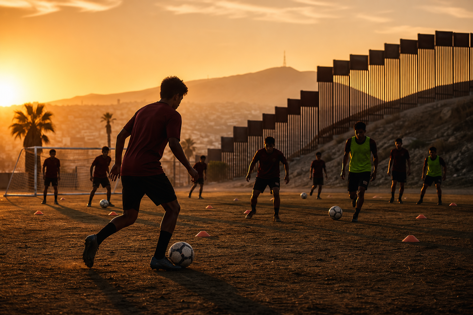 Illustration: training in Tijuana — football continuing while politics draws the map